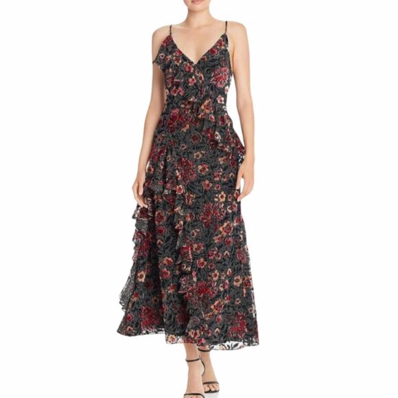 Jill Stuart Ruffled Floral 3D Velvet Floral Maxi Dress Size 6 - Picture 1 of 6